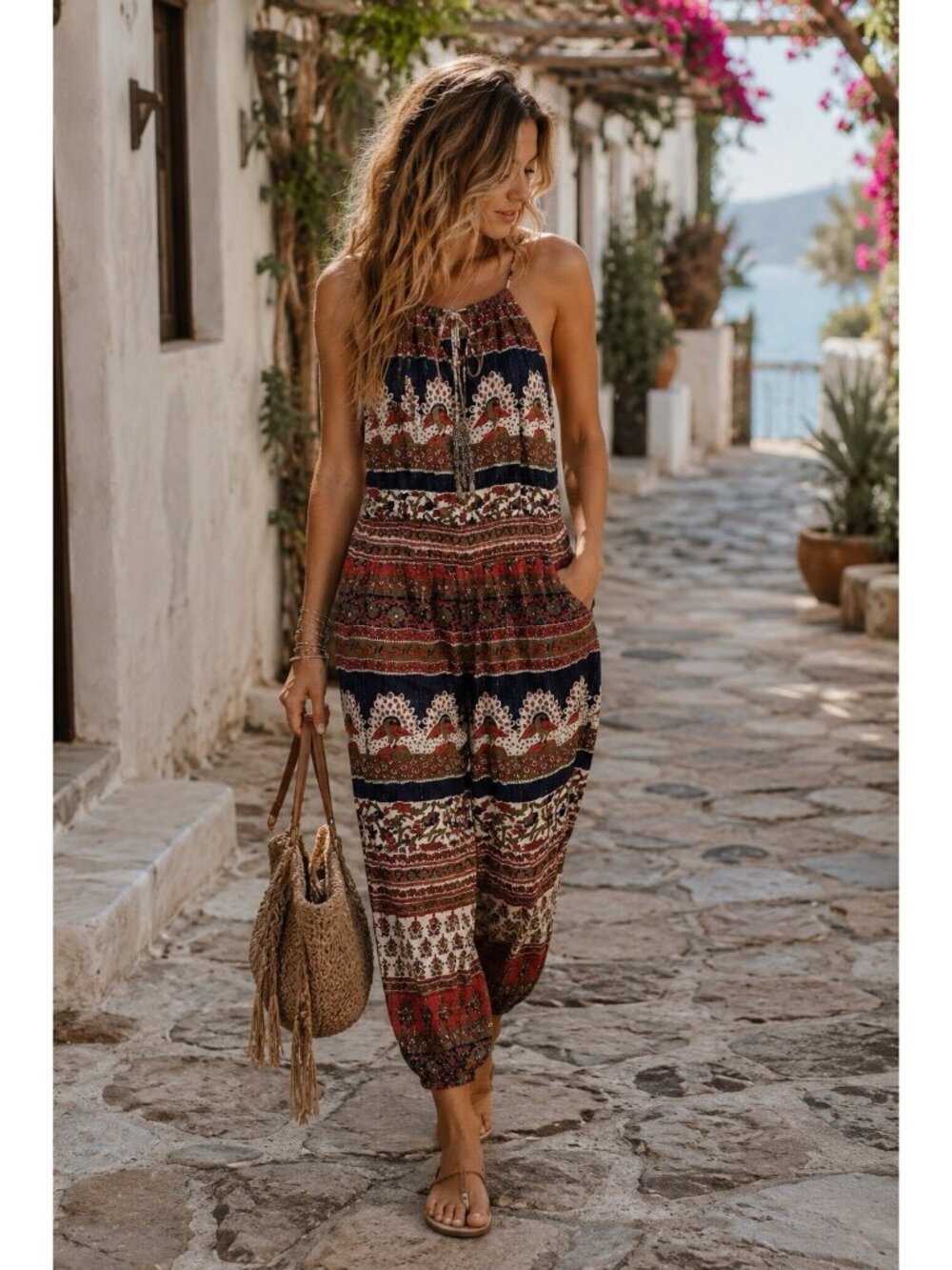 Calypso Saint Barth Womens Boho Print Lightweight Tapered Jumpsuit Blue Size XS